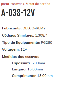 A-038-12V - PORTA ESCOVA PARTIDA DELCO-REMY 12V/ FOCUS/ ECOSPORT/ PRISMA - PC