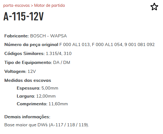A-115-12V - PORTA ESCOVA PARTIDA FIAT STRADA/ SIENA/ FORD ESCORT /GM CORSA 1.6 / VW FUSCA/ GOL/ PEUGEOT - PC A-115-12V - PORTA ESCOVA PARTIDA FIAT STRADA/ SIENA/ FORD ESCORT /GM CORSA 1.6 / VW FUSCA/ GOL/ PEUGEOT - PC