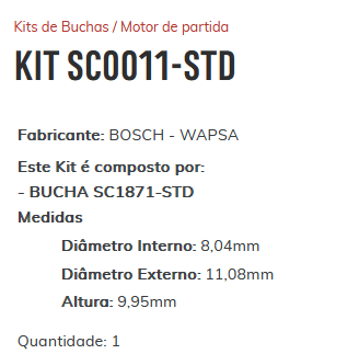 KIT SC0011-STD - KIT BUCHA PARTIDA ARGO/ TORO/ MOBI 1.0/ NOVO UNO/ RENEGADE FLEX 1.8/ ESTE KIT É COMPOSTO POR: 1-BUCHA SC1871-STD/ 1-BUCHA SC3035-STD/ 1-BUCHA SC3469-STD/ 1-BUCHA SC1909-STD - KIT