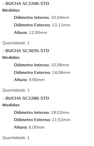 KIT SC0017-STD - KIT BUCHA PARTIDA NISSAN/ ESTE KIT É COMPOSTO POR: 1-BUCHA SC3460-STD/ 1-BUCHA SC2206-STD/ 1-BUCHA SC3035-STD/ 1-BUCHA SC2286-STD - KIT KIT SC0017-STD - KIT BUCHA PARTIDA NISSAN/ ESTE KIT É COMPOSTO POR: 1-BUCHA SC3460-STD/ 1-BUCHA SC2206-STD/ 1-BUCHA SC3035-STD/ 1-BUCHA SC2286-STD - KIT