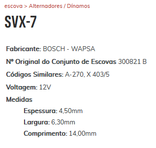 EA-SVX-7 - ESCOVA ALTERNADOR WAPSA RWA-T2 GOL/ ESCORT/ DEL REY/ F-1000/ 4000 - 4,50 X 6,30 X 14,00 MM - JG EA-SVX-7 - ESCOVA ALTERNADOR WAPSA RWA-T2 GOL/ ESCORT/ DEL REY/ F-1000/ 4000 - 4,50 X 6,30 X 14,00 MM - JG