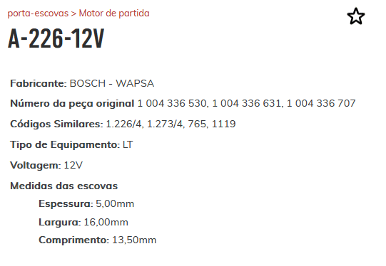 A-226-12V - PORTA ESCOVA PARTIDA BOSCH TORO/ DUCATO/ SPRINTER/ PEUGEOT 306 307 - PC