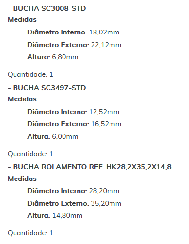 KIT SC0316-STD - KIT BUCHA PARTIDA BOSCH BRAVO/ DOBLO/ PALIO/ STRADA/ SIENA/ ESTE KIT É COMPOSTO POR: 1     - BUCHA SC1101-STD/ 1 - BUCHA SC2203-STD/ 1 - BUCHA SC2056-STD/ 1 - BUCHA ROLAMENTO REF. BK-1212 - KIT
