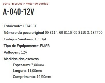 A-040-12V - PORTA ESCOVA PARTIDA HITACHI GOLF/ NISSAN 12V - PC