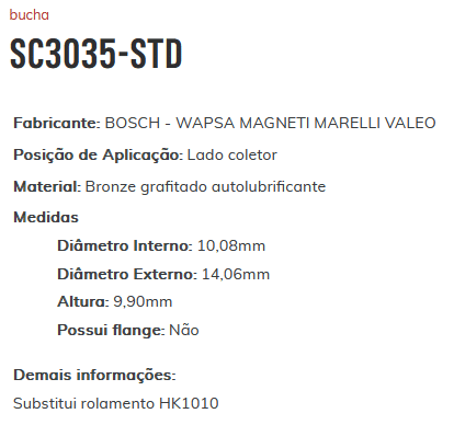 SC3035-STD - BUCHA PARTIDA PALIO/UNO MARELLI - VALEO CORSA/ VECTRA LC 2X - 10,08 X 14,06 X 9,90 MM - PC