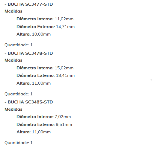 KIT SC0207-STD - KIT BUCHA PARTIDA MOTORCRAFT COROLA/ ETIOS/ CIVIC/ PANDA/ ESTE KIT É COMPOSTO POR: 1-BUCHA SC2245-STD/ 1-BUCHA SC3477-STD/ 1-BUCHA SC3478-STD/ 1-BUCHA SC3485-STD - KIT
