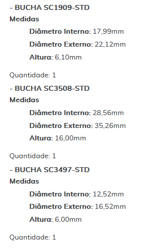 KIT SC2433-STD - KIT BUCHA PARTIDA PALIO MOTOR E. TORQ/ STRADA/ LINEA/ PUNTO/ ESTE KIT É COMPOSTO POR: 1 - BUCHA SC1101-STD/ 1 - BUCHA SC1909-STD/ 1 - BUCHA SC3508-STD/ 1 - BUCHA SC3497-STD - KIT KIT SC2433-STD - KIT BUCHA PARTIDA PALIO MOTOR E. TORQ/ STRADA/ LINEA/ PUNTO/ ESTE KIT É COMPOSTO POR: 1 - BUCHA SC1101-STD/ 1 - BUCHA SC1909-STD/ 1 - BUCHA SC3508-STD/ 1 - BUCHA SC3497-STD - KIT