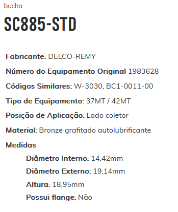 SC885 STD - BUCHA PARTIDA DELCO 37 MT/ VW/ FORD LM/ LC - PC