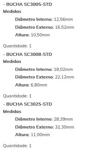 KIT SC1211-STD - KIT BUCHA PARTIDA LUCAS/ WAPSA/ FIESTA/ 1.4/ ESC/ SANT/ GOL/ ESTE KIT É COMPOSTO POR: 1 - BUCHA SC1963-STD/ 1 - BUCHA SC3005-STD/ 1 - BUCHA SC3008-STD/ 1 - BUCHA SC3025-STD - KIT KIT SC1211-STD - KIT BUCHA PARTIDA LUCAS/ WAPSA/ FIESTA/ 1.4/ ESC/ SANT/ GOL/ ESTE KIT É COMPOSTO POR: 1 - BUCHA SC1963-STD/ 1 - BUCHA SC3005-STD/ 1 - BUCHA SC3008-STD/ 1 - BUCHA SC3025-STD - KIT