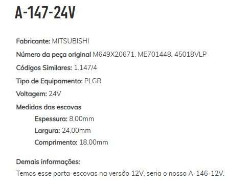 A-147-24V - PORTA ESCOVA PARTIDA 24V MITSUBICHI, CATERPILLAR, MAN, VW COSTELATION (EMB. COM 01 PECA - VALOR UNITARIO) - PC A-147-24V - PORTA ESCOVA PARTIDA 24V MITSUBICHI, CATERPILLAR, MAN, VW COSTELATION (EMB. COM 01 PECA - VALOR UNITARIO) - PC