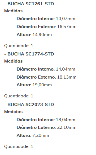 KIT SC1338-STD - KIT BUCHA PARTIDA BOSCH - WAPSA/ F-250/ F-350/ F-4000 C/ MOTOR CUMMINS ANO 1998 >/ ESTE KIT É COMPOSTO POR: 1     - BUCHA SC1101-STD/ 1 - BUCHA SC1261-STD/ 1 - BUCHA SC1774-STD/ 1 - BUCHA SC2023-STD - KIT