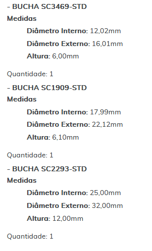 KIT SC2602-STD - KIT BUCHA PARTIDA BOSCH JETTA/ GOLF/ NEW BETLE/ AUDI/ ESTE KIT É COMPOSTO POR: 1 - BUCHA SC1871-STD/ 1 - BUCHA SC3469-STD/ 1 - BUCHA SC1909-STD/ 1 - BUCHA SC2293-STD - KIT KIT SC2602-STD - KIT BUCHA PARTIDA BOSCH JETTA/ GOLF/ NEW BETLE/ AUDI/ ESTE KIT É COMPOSTO POR: 1 - BUCHA SC1871-STD/ 1 - BUCHA SC3469-STD/ 1 - BUCHA SC1909-STD/ 1 - BUCHA SC2293-STD - KIT