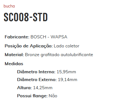 SC008-STD - BUCHA PARTIDA MASSEY FERGUSON - TRATORES - PK 06 CIL. 71 STD - 15,95 X 19,14 X 14,25 MM - PC