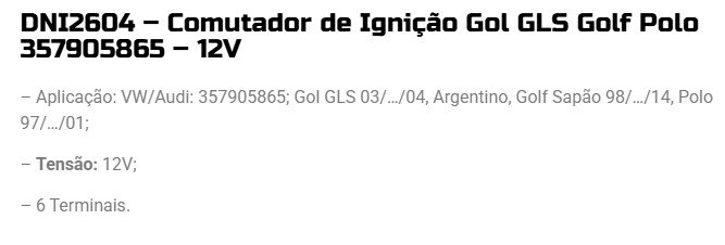 DNI2604 - COMUTADOR IGNICAO VW GOL GLS GOLF CH COMUT - PC