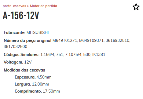 A-156 12V - PORTA ESCOVA PARTIDA CATERP. GM DODGE FORD JEEP 12V - PC A-156 12V - PORTA ESCOVA PARTIDA CATERP. GM DODGE FORD JEEP 12V - PC