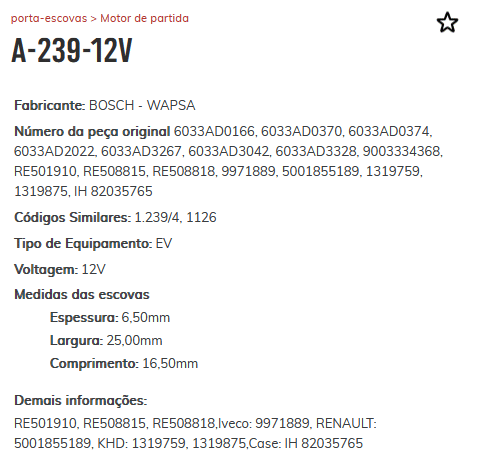 A-239-12V - PORTA ESCOVA PARTIDA WAPSA 12V - FORD/ MERCEDES BENS/ VOLVO - PC