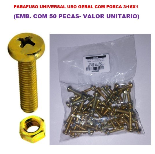 ISO6-3/16X1 - PARAFUSO UNIVERSAL USO GERAL COM PORCA 3/16X1 (EMB. COM 50 PECAS- VALOR UNITARIO) - PC