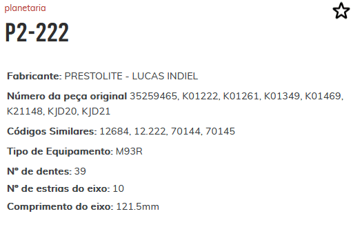 P2-222 - PLANETARIA PARTIDA PRESTOLITE M93R JOHN DEERE/ FORD/ AGRALE - CJ