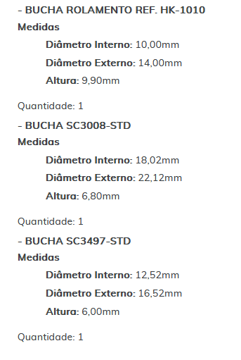 KIT SC0300-STD - KIT BUCHA PARTIDA BOSCH/ COROLA/ DUSTER/ CLIO/ A3 - ESTE KIT É COMPOSTO POR:  1 - BUCHA SC1871-STD  1 - BUCHA ROLAMENTO REF. HK-1010  1- BUCHA SC3008-STD  1- BUCHA SC3497-STD   - KIT