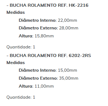 KIT SC1241-STD - KIT BUCHA PARTIDA JE/ BOSCH - WAPSA/ MB/ CARGO/ ONIBUS/ CAMINHOES/ ESTE KIT É COMPOSTO POR: 1 - BUCHA SC1916-STD/ 1 - BUCHA ROLAMENTO REF. HK-2216/ 1 - BUCHA ROLAMENTO REF. 6202-2RS - KIT KIT SC1241-STD - KIT BUCHA PARTIDA JE/ BOSCH - WAPSA/ MB/ CARGO/ ONIBUS/ CAMINHOES/ ESTE KIT É COMPOSTO POR: 1 - BUCHA SC1916-STD/ 1 - BUCHA ROLAMENTO REF. HK-2216/ 1 - BUCHA ROLAMENTO REF. 6202-2RS - KIT