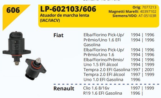 LP606 - ATUAD. MARCHA LENTA FIAT UNO/ ELBA/ PREMIO/ FIORINO 94/96 EFI - UN