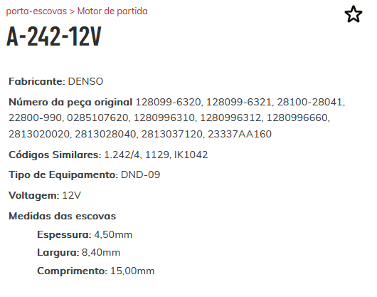 A-242-12V - PORTA ESCOVA PARTIDA TOYOTA HILUX/ COROLLA - PC A-242-12V - PORTA ESCOVA PARTIDA TOYOTA HILUX/ COROLLA - PC