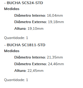 KIT SC1210-STD - KIT BUCHA PARTIDA DELCO 42MT/ MB/ TDS/ VW/ FORD/ ESTE KIT É COMPOSTO POR: 1 - BUCHA SC885-STD/ 1 - BUCHA SC524-STD / 1 - BUCHA SC1811-STD - KIT KIT SC1210-STD - KIT BUCHA PARTIDA DELCO 42MT/ MB/ TDS/ VW/ FORD/ ESTE KIT É COMPOSTO POR: 1 - BUCHA SC885-STD/ 1 - BUCHA SC524-STD / 1 - BUCHA SC1811-STD - KIT