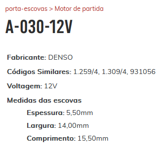 A-030-12V - PORTA ESCOVA PARTIDA COROLLA/ SPRINTER/ CIVIC - PC