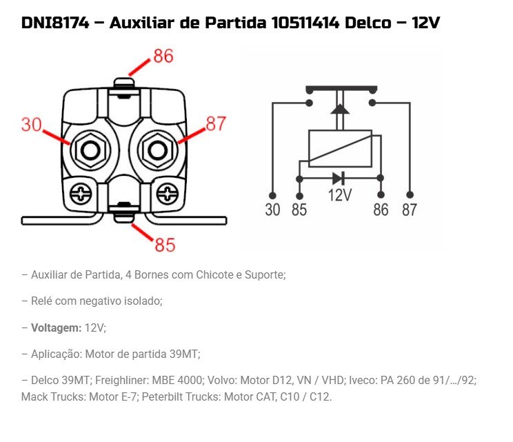 DNI8174 12V - RELE AUXILIAR PARTIDA 12V C/ NEGATIVO ISOLADO BORNES C/ CHICOTE SUPORTE - PC DNI8174 12V - RELE AUXILIAR PARTIDA 12V C/ NEGATIVO ISOLADO BORNES C/ CHICOTE SUPORTE - PC