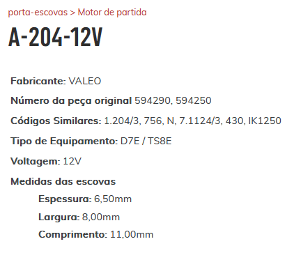 A-204-12V - PORTA ESCOVA PARTIDA ESCORT/ FIESTA/ SIENA/ UNO - 3 ESCOVAS - PC
