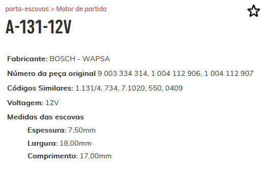 A-131 12V - PORTA ESCOVA PARTIDA SPRINTER/ DUCATO/ F1000/ CORRIER - PC