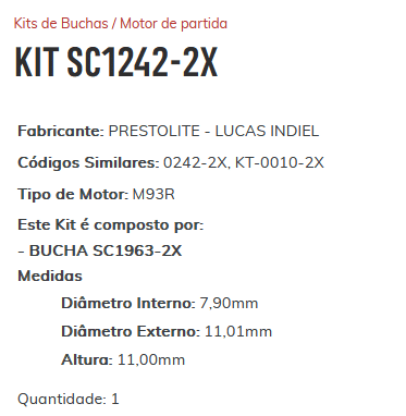 KIT SC1242-2X - KIT BUCHA PARTIDA PREST M93R CAM VW/ SPRINT/ F250/ ESTE KIT É COMPOSTO POR: 1 - BUCHA SC1963-2X/ 1 - BUCHA SC1724-2X/ 1 - BUCHA SC2111-2X/ 1 - BUCHA SC2056-2X - KIT KIT SC1242-2X - KIT BUCHA PARTIDA PREST M93R CAM VW/ SPRINT/ F250/ ESTE KIT É COMPOSTO POR: 1 - BUCHA SC1963-2X/ 1 - BUCHA SC1724-2X/ 1 - BUCHA SC2111-2X/ 1 - BUCHA SC2056-2X - KIT