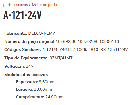 A-121 - 24V - PORTA ESCOVA PARTIDA DELCO REMY 24V/ TRATORES/ ESCAVADEIRAS - PC A-121 - 24V - PORTA ESCOVA PARTIDA DELCO REMY 24V/ TRATORES/ ESCAVADEIRAS - PC