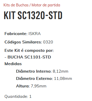 KIT SC1320-STD - KIT BUCHA PARTIDA VW - ESTE KIT É COMPOSTO POR: 1-BUCHA SC1101-STD/ 1-BUCHA SC2211-STD/ 1-BUCHA ROLAMENTO REF. 6001-2RS/ 1-BUCHA ROLAMENTO REF. 6008-2RS - KIT KIT SC1320-STD - KIT BUCHA PARTIDA VW - ESTE KIT É COMPOSTO POR: 1-BUCHA SC1101-STD/ 1-BUCHA SC2211-STD/ 1-BUCHA ROLAMENTO REF. 6001-2RS/ 1-BUCHA ROLAMENTO REF. 6008-2RS - KIT