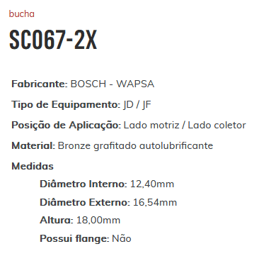 SC067-2X - BUCHA PARTIDA JF L/M 2X - 12,40 X 16,54 X 18,00 MM - PC