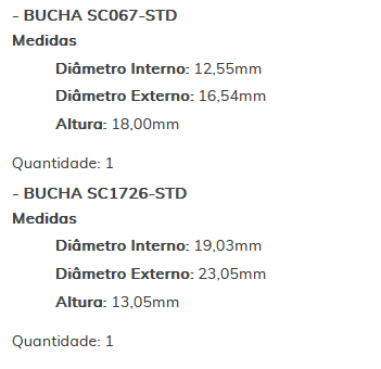 KIT SC1215-STD - KIT BUCHA PARTIDA BOSCH SCANIA JF/ ESTE KIT É COMPOSTO POR: 1 - BUCHA SC3005-STD/ 1 - BUCHA SC067-STD/ 1 - BUCHA SC1726-STD - KIT KIT SC1215-STD - KIT BUCHA PARTIDA BOSCH SCANIA JF/ ESTE KIT É COMPOSTO POR: 1 - BUCHA SC3005-STD/ 1 - BUCHA SC067-STD/ 1 - BUCHA SC1726-STD - KIT