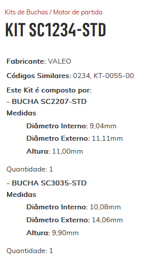 KIT SC1234-STD - KIT BUCHA PARTIDA CELTA/ CORSA 1.0 - 1.4 - 1.8 ( CONJ. SC2207-STD/SC3035-STD) - KIT