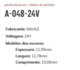 A-048-24V - PORTA ESCOVA PARTIDA MAHLE GUINCHO ELETRICO 24V - PC A-048-24V - PORTA ESCOVA PARTIDA MAHLE GUINCHO ELETRICO 24V - PC