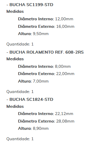 KIT SC1220-STD - KIT BUCHA PARTIDA DELCO ASTRA/ BLAZER/ S10 - ESTE KIT É COMPOSTO POR:   1- BUCHA SC2139-STD/   1- BUCHA SC1199-STD/   1- BUCHA ROLAMENTO REF. 608-2RS/   1- BUCHA SC1824-STD - KIT