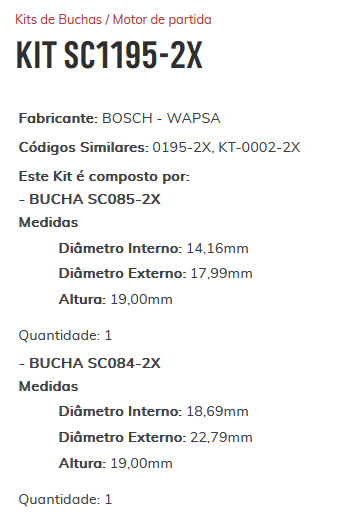 KIT SC1195-2X - KIT BUCHA PARTIDA WAPSA/ PK/ MWM/ EIXO GROSSO - ESTE KIT É COMPOSTO POR: 1-BUCHA SC085-2X/ 1-BUCHA SC084-2X - KIT