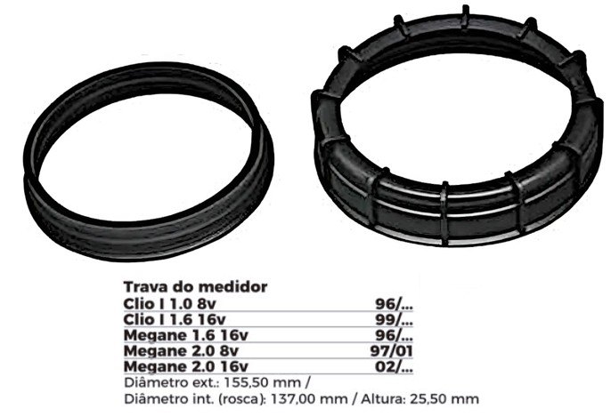 ISO1904012 G - TRAVA BOIA COMBUSTIVEL RENAULT/ CLIO/ MEGANE- COM GUARNICAO- DIAMETRO EXTERNO 155,50MM, DIAMETRO INTERNO (ROSCA) 137,00MM, ALTURA 25,50MM (EMB. COM 01 - KIT VALOR DO KIT) - KIT
