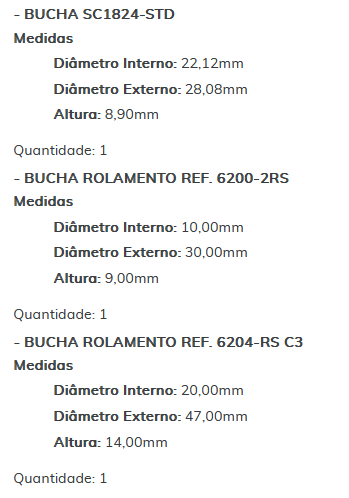 KIT SC2128 - STD - KIT BUCHA PARTIDA 29 MT/ MERCEDES-BENS/ ESTE KIT É COMPOSTO POR:     1 - BUCHA SC3035-STD/ 1 - BUCHA SC1824-STD/ 1 - BUCHA ROLAMENTO REF. 6200-2RS/ 1 - BUCHA ROLAMENTO REF. 6204-RS C3 - KIT