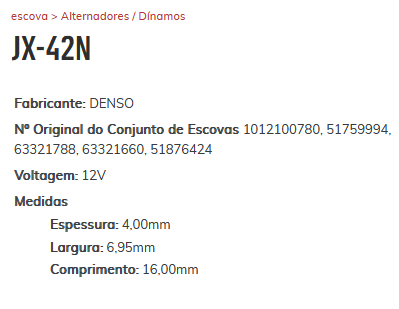 EA-JX-42N-12V - ESCOVA ALTERNADOR DENSO 12V PALIO/ SIENA/ CORSA/ CELTA - JG