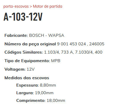 A-103-12V - PORTA ESCOVA PARTIDA AGRALE/ TRATOR - PC