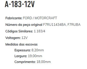 A-183-12V - PORTA ESCOVA PARTIDA FORD MOTORCRAFT, F1000, FIESTA, FOCUS, NISSAN, SENTRA (EMB. COM 01 PECA - VALOR UNITARIO) - PC A-183-12V - PORTA ESCOVA PARTIDA FORD MOTORCRAFT, F1000, FIESTA, FOCUS, NISSAN, SENTRA (EMB. COM 01 PECA - VALOR UNITARIO) - PC