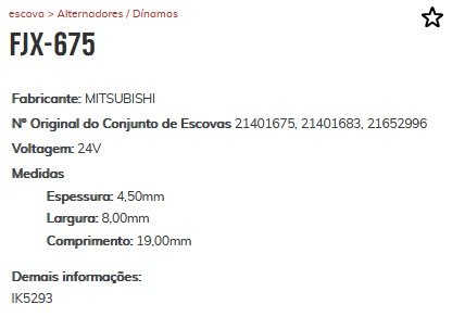 EA-FJX-675 24V - ESCOVA ALTERNADOR VOLVO/ MITSCHUBICH 24V (EMB. COM 01 JOGO DE 2 ESCOVAS - VALOR DO KIT) - JG