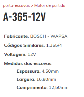 A-365 12V - PORTA ESCOVA PARTIDA BOSCH/ TORO/ RENEGATE/ COMPASS - PC A-365 12V - PORTA ESCOVA PARTIDA BOSCH/ TORO/ RENEGATE/ COMPASS - PC