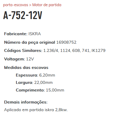 A-752-12V - PORTA ESCOVA PARTIDA ISKRA TRATOR VALTRA/ NEW HOLAND/ JOHN DEERE - PC