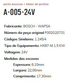 A-005-24V - PORTA ESCOVA PARTIDA 24V BOSCH/ CARGO/ CUMMINS - PC