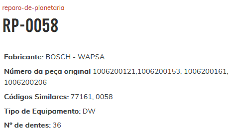 RP-0058 - REPARO PLANETARIA BOSCH 36 DENTES/ COROLA/ FIAT/ GM/ CLIO - KIT